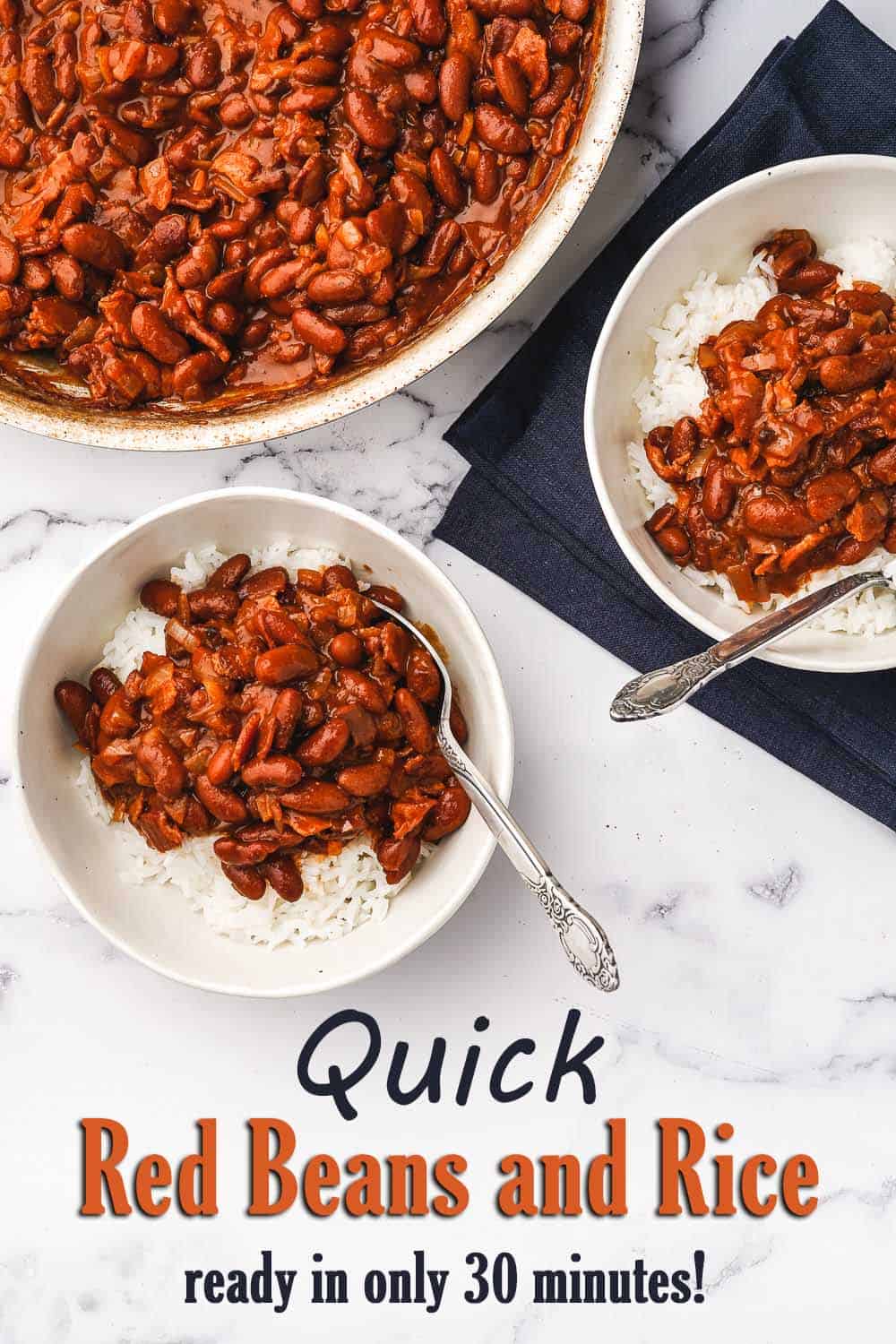 Quick Red Beans and Rice in two bowls with skillet of beans on the side