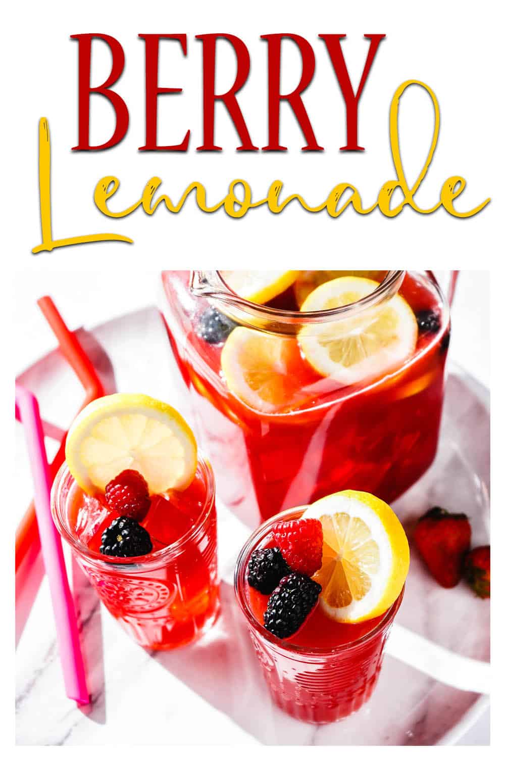 Berry Lemonade in Pitcher and Glasses with Straws