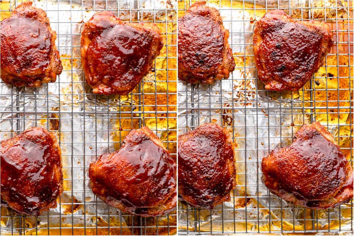 collage showing bbq chicken thighs before and after broiling