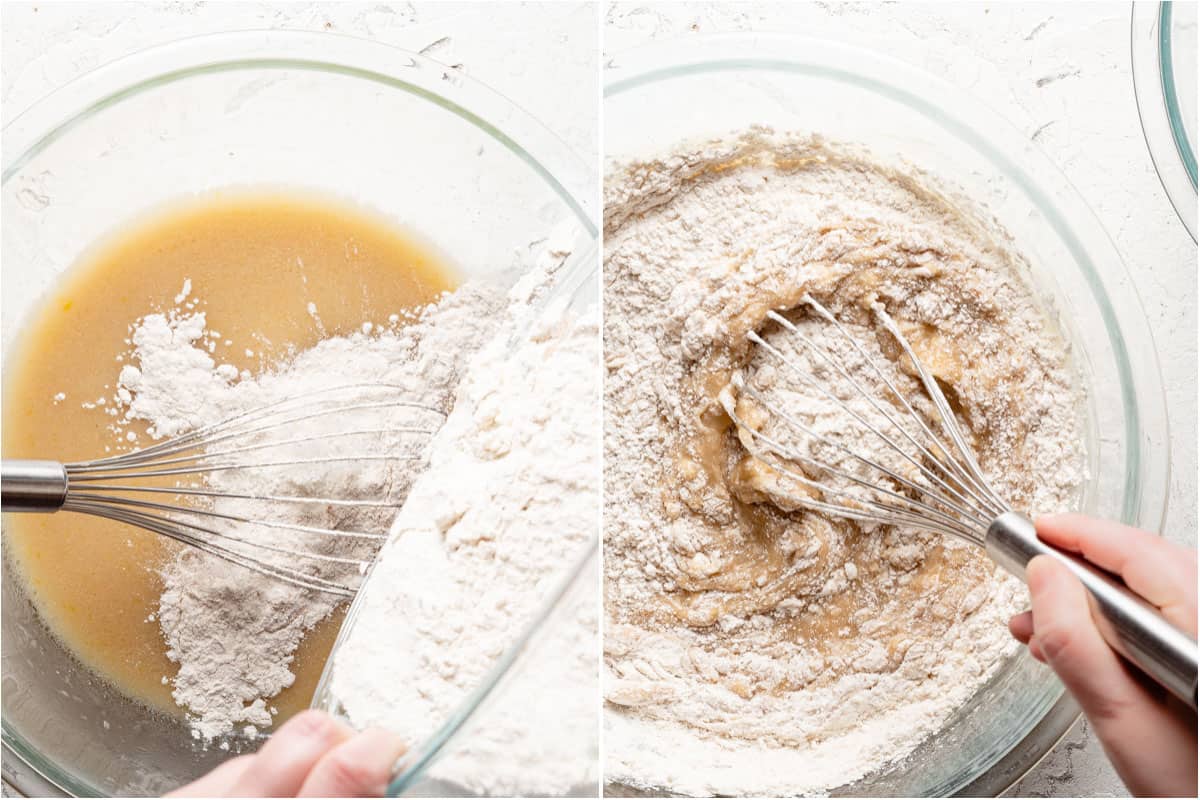 collage showing dry ingredients being mixed into wet muffin ingredients