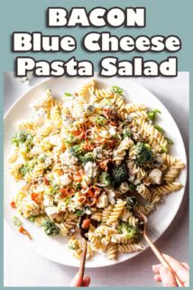 bacon blue cheese pasta salad on platter with text at the top