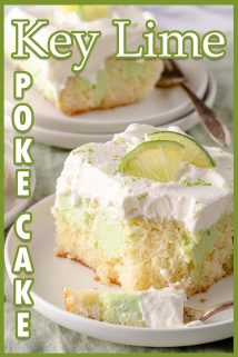 Key lime poke cake on plates with text overlay