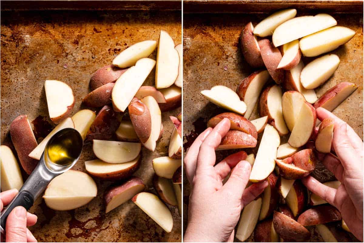 collage of oil being drizzled over potatoes and hands mixing potatoes and oil on baking sheet