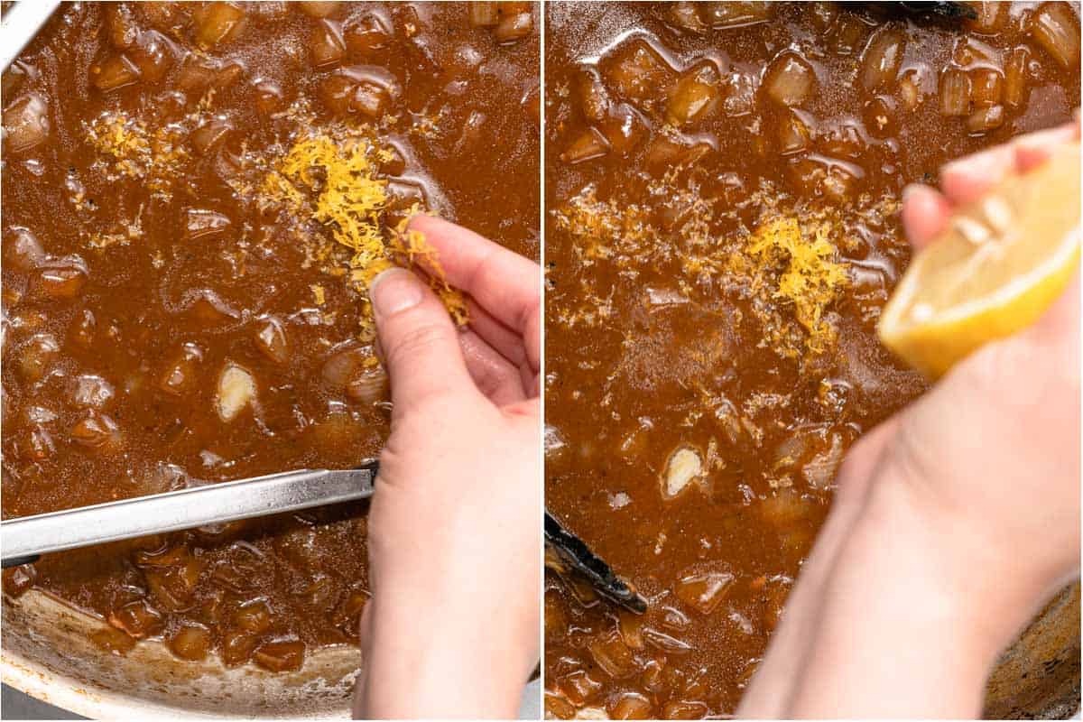 collage of lemon zest and lemon juice being added to sauce