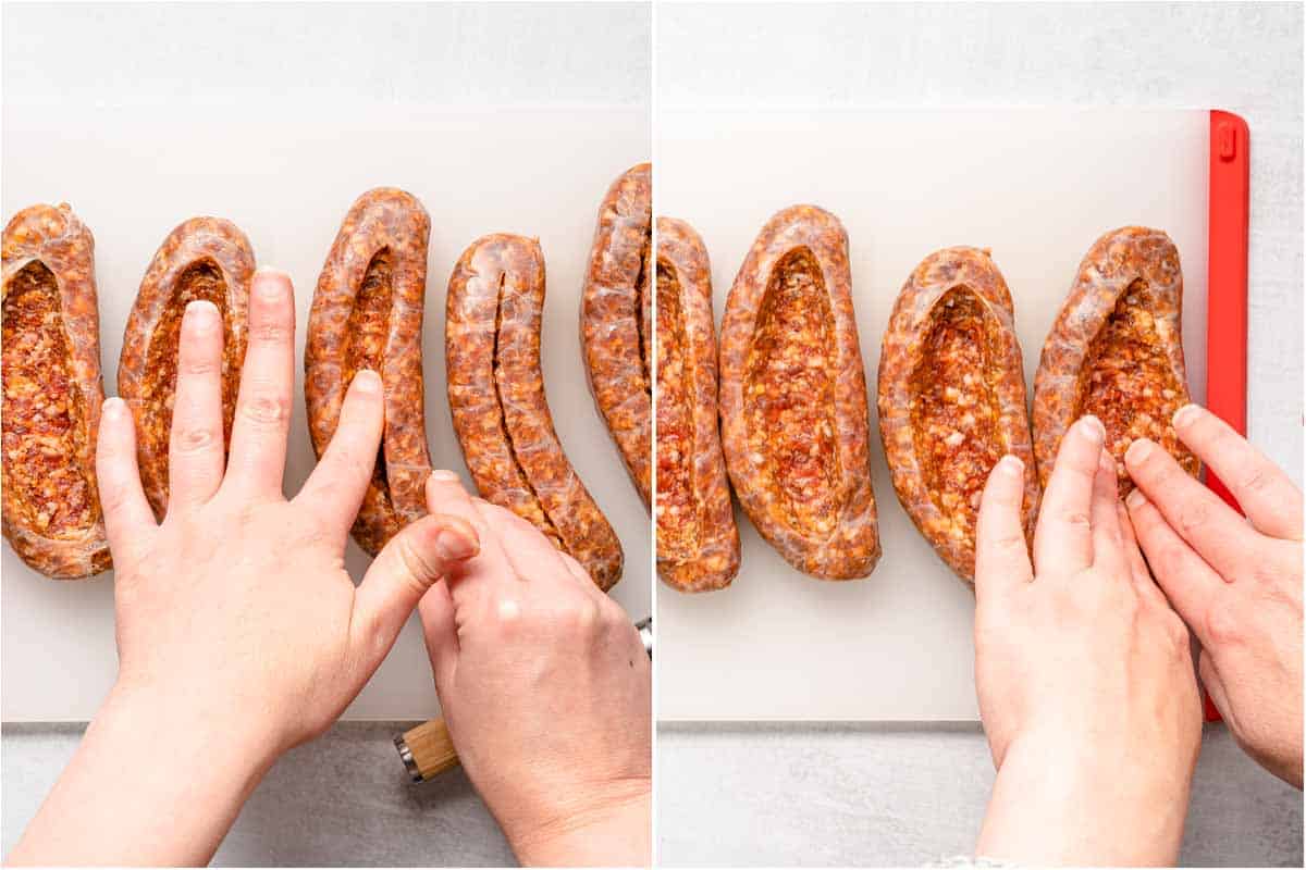 collage of hands pressing sausages into boat shape