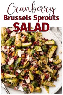 brussels sprouts salad on platter with text at the top
