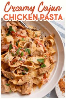 bowl of creamy pasta with chicken and text at the top