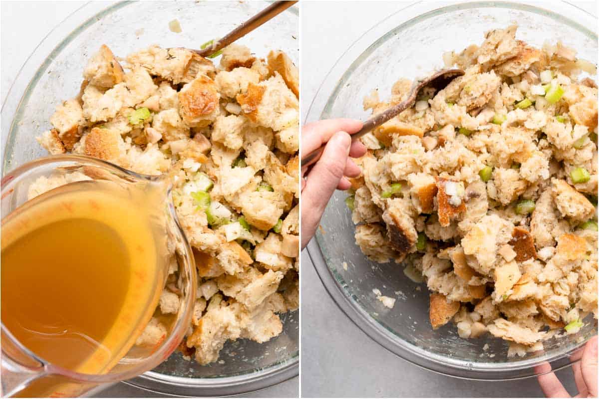 collage of pouring broth overtop torn bread chunks and veggies in bowl and mixing together stuffing in bowl