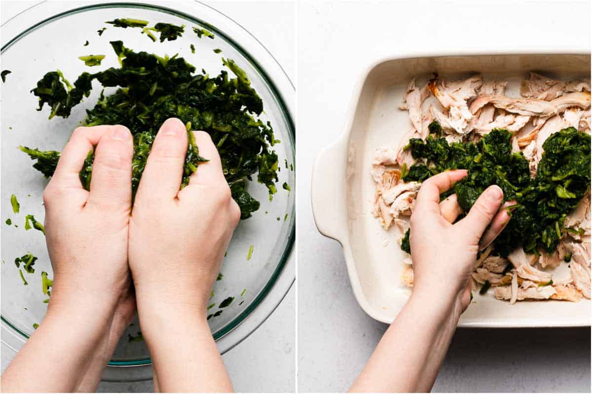 collage of hands squeezing spinach and adding spinach to casserole
