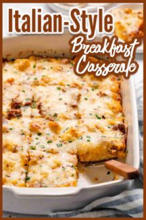 breakfast casserole in pan with text label at top