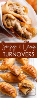 collage of sausage and cheese turnover broken in half and turnovers on wire rack with text box in the center