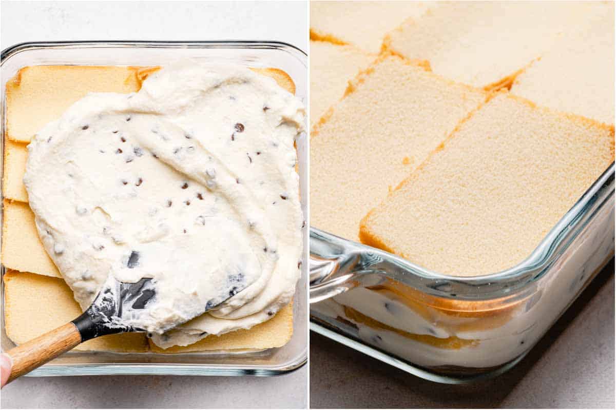 collage of cannoli filling being spread on second layer of pound cake and side view of finished cannoli cake layers in pan