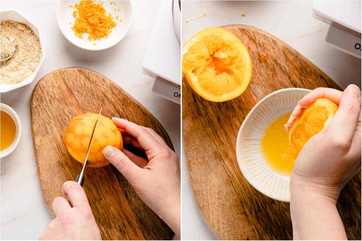 collage of orange being cut in half and half orange being squeezed