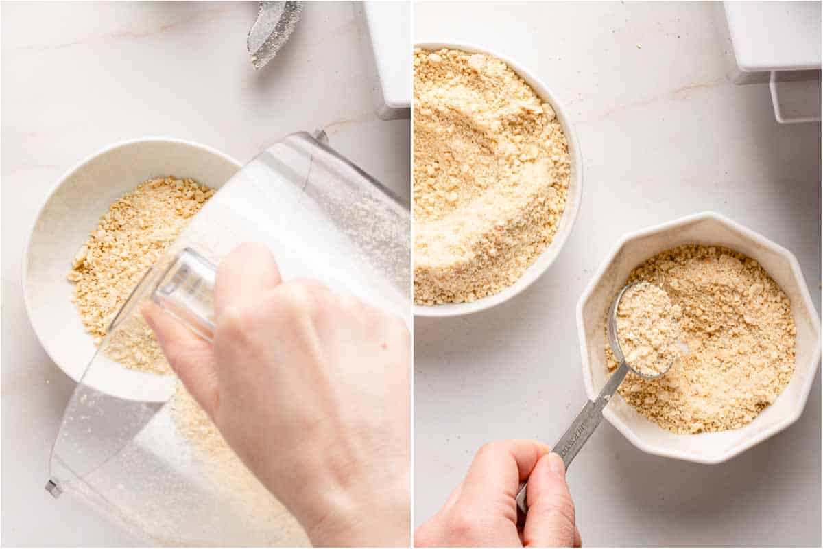 collage of pouring chopped cashews from food processor into bowl and scooping cashews into separate small bowl