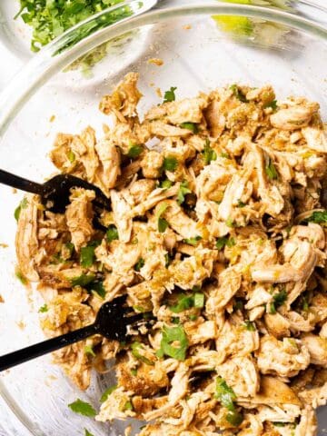 shredded chile chicken in bowl with forks