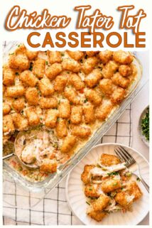 tater tot casserole with spoon resting inside dish and plate of casserole on the side