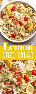 collage of lemon orzo salad in white bowl and close up view of lemon orzo salad with yellow text box in center