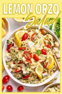 lemon orzo salad in white bowl with text box at the top