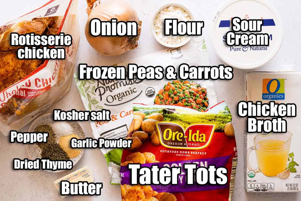 ingredients for chicken tater tot casserole with text labels