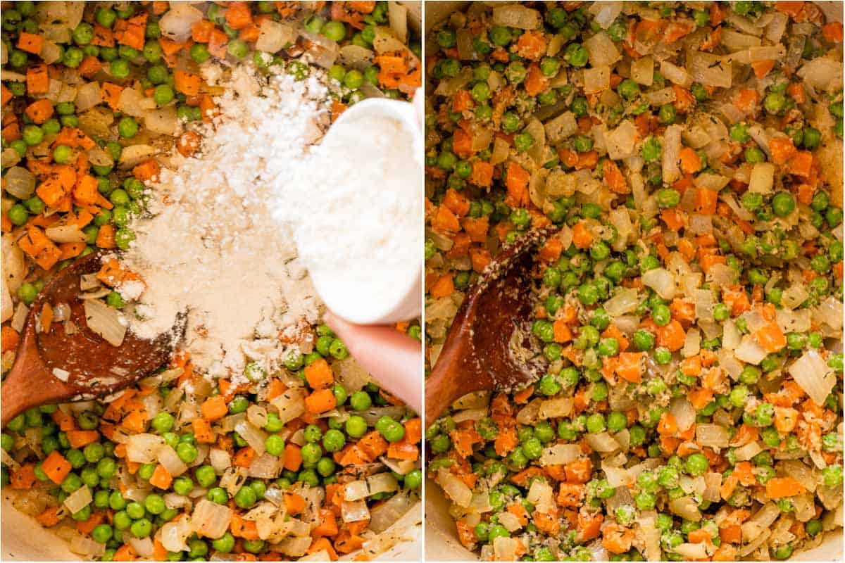 collage of flour being sprinkled over veggies in pot and flour mixed together with veggies in pot