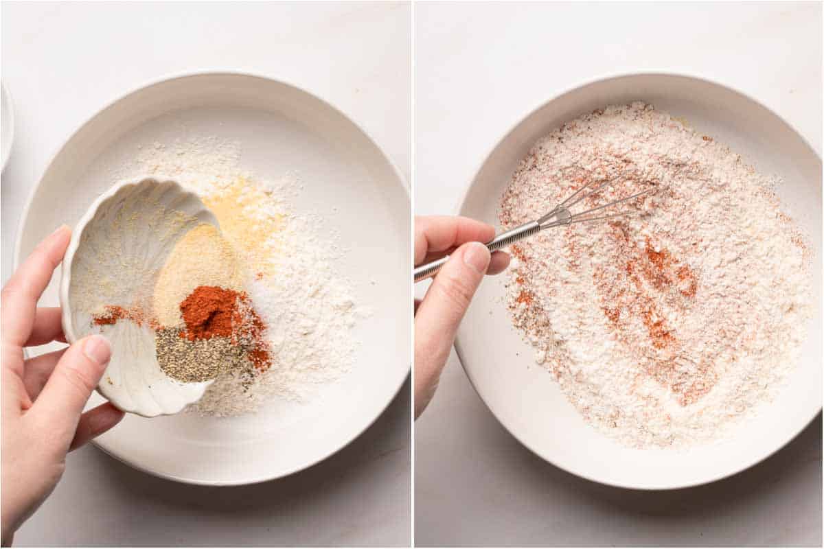 collage of adding spices and flour to a bowl and whisking flour mixture together in bowl