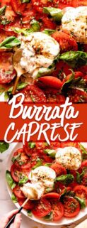 collage of burrata cheese surrounded by tomatoes and platter of burrata caprese salad with text box in center