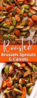 collage of roasted brussels sprouts and carrots on baking pan and white platter with orange text box in center