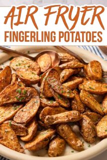 browned fingerling potato halves on tan plate with text box at top