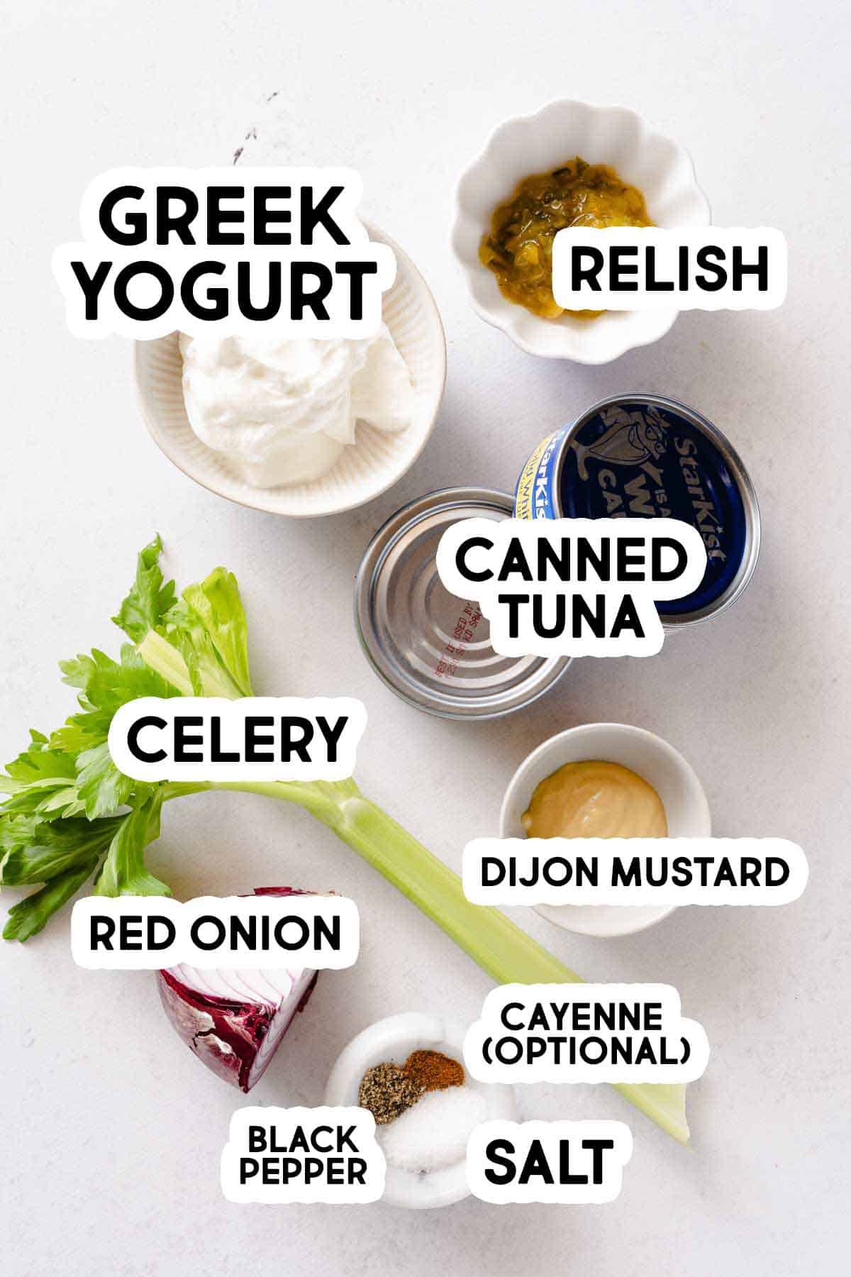 recipe ingredients for Greek yogurt tuna salad with text labels