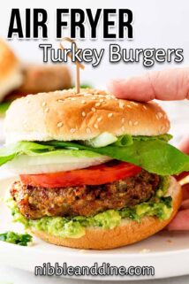hand grabbing turkey burger from the side, with recipe title at the top.