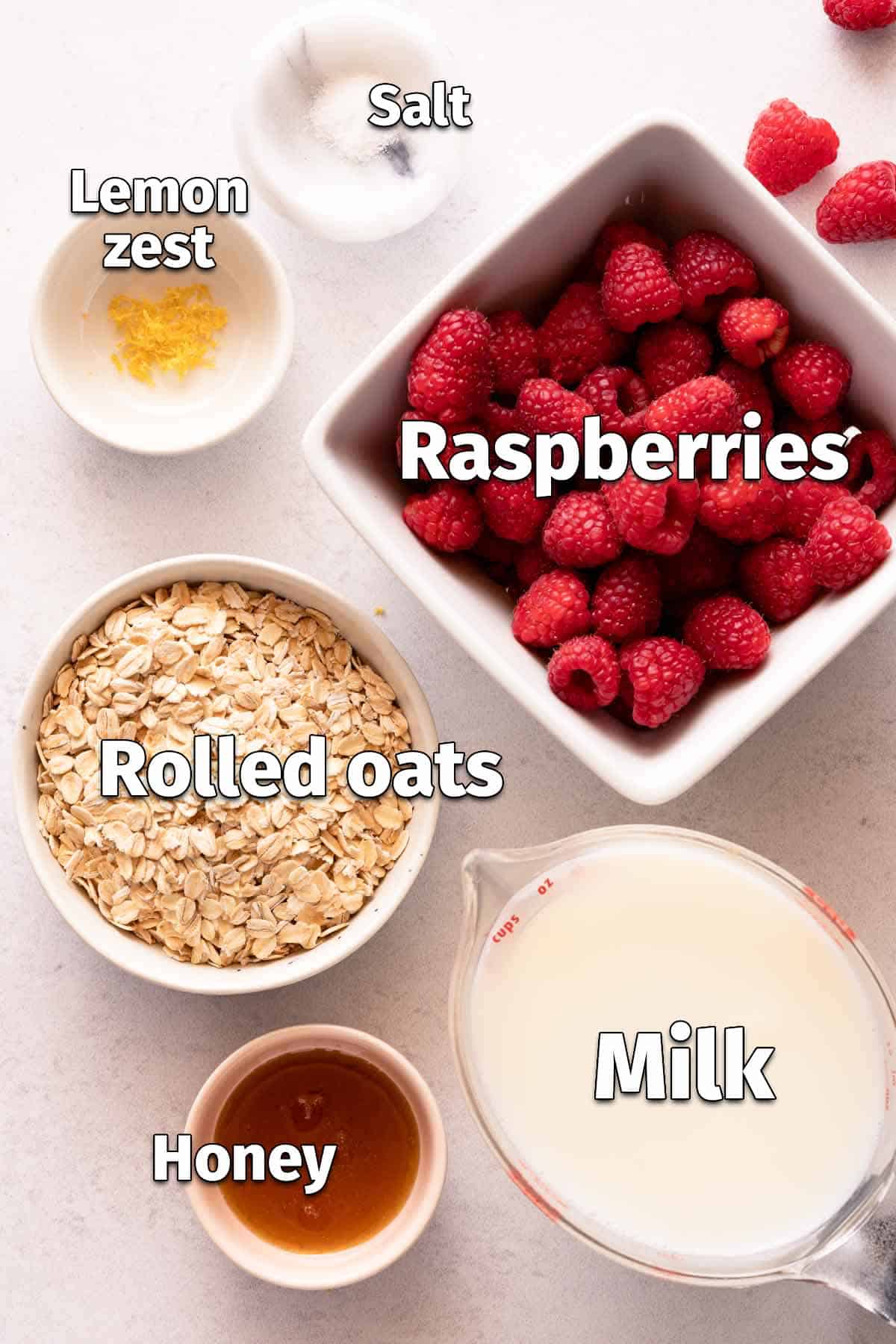 ingredients for raspberry oatmeal with text labels