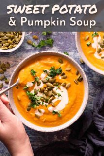hand holding spoon dipping into bowl of pumpkin sweet potato soup, with recipe title at top.