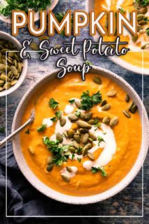 pumpkin and sweet potato soup in a bowl with cream and pumpkin seed garnish and recipe title at the top.