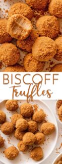 collage of Biscoff truffles in a pile at top and Biscoff truffles on a plate at bottom with recipe title in the center.