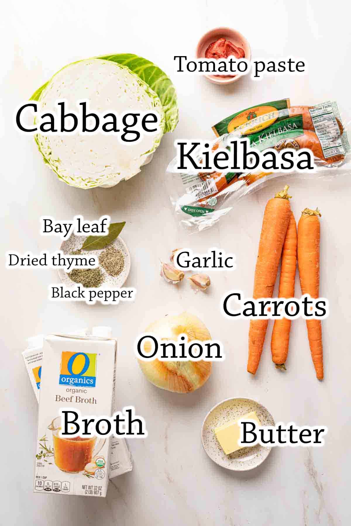 recipe ingredients for cabbage and sausage soup with text labels.