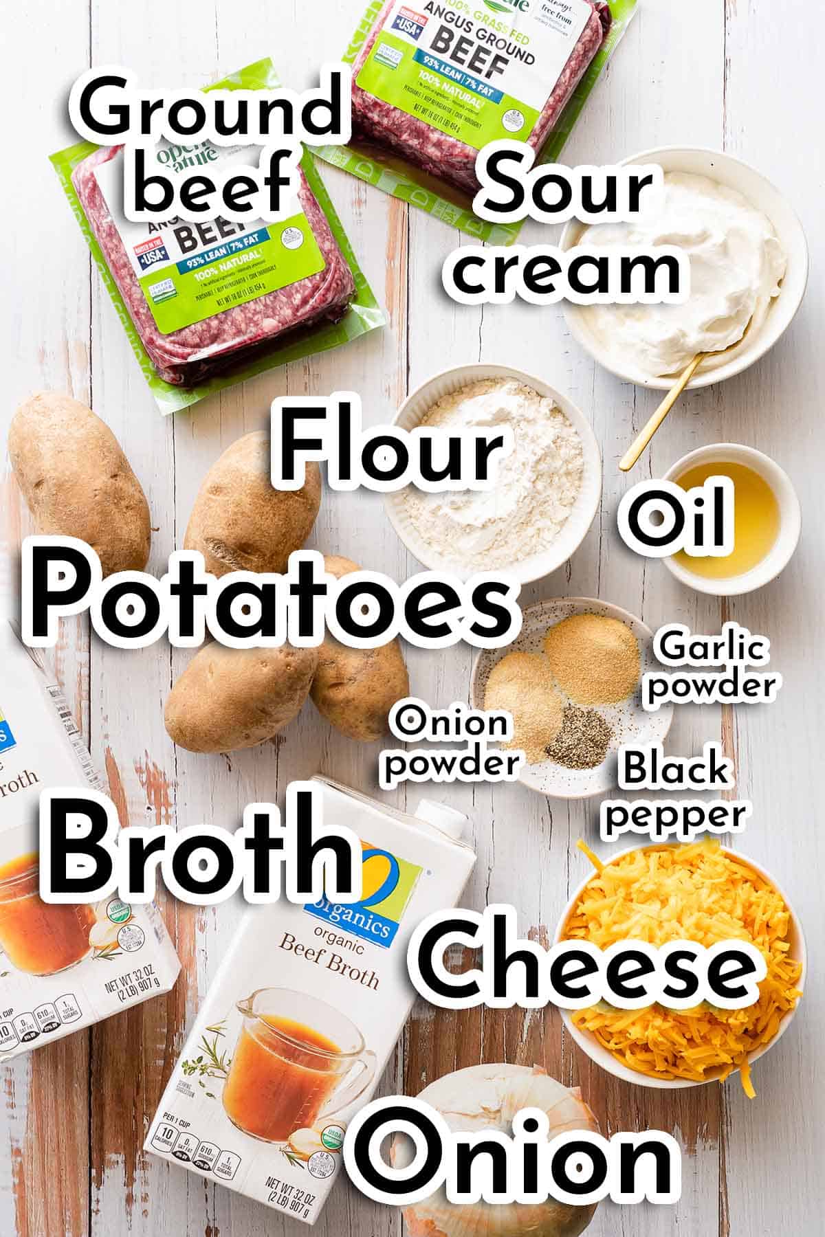 ingredients for creamy hamburger potato soup with text labels.