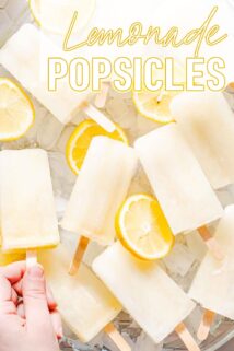hand holding lemon popsicle with other popsicles on the side and recipe title at the top.