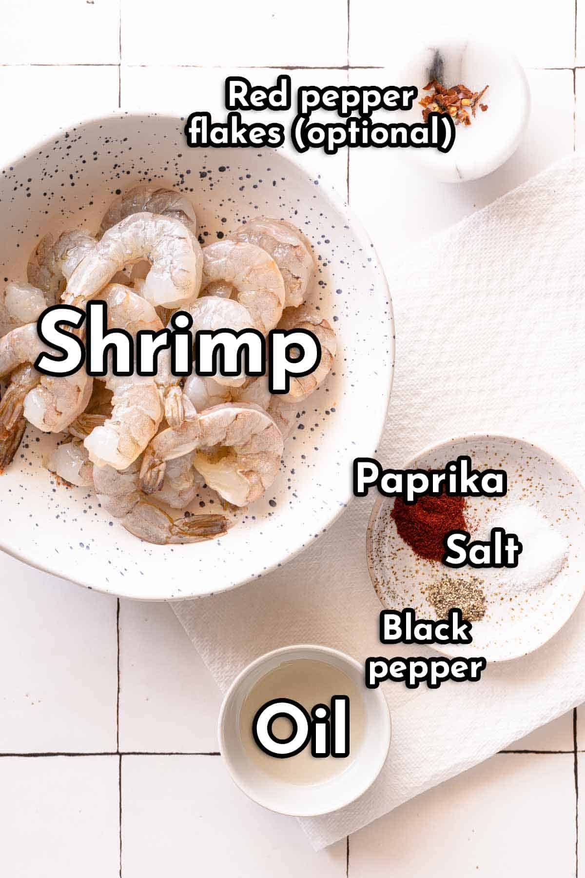 recipe ingredients for seared shrimp with text labels.