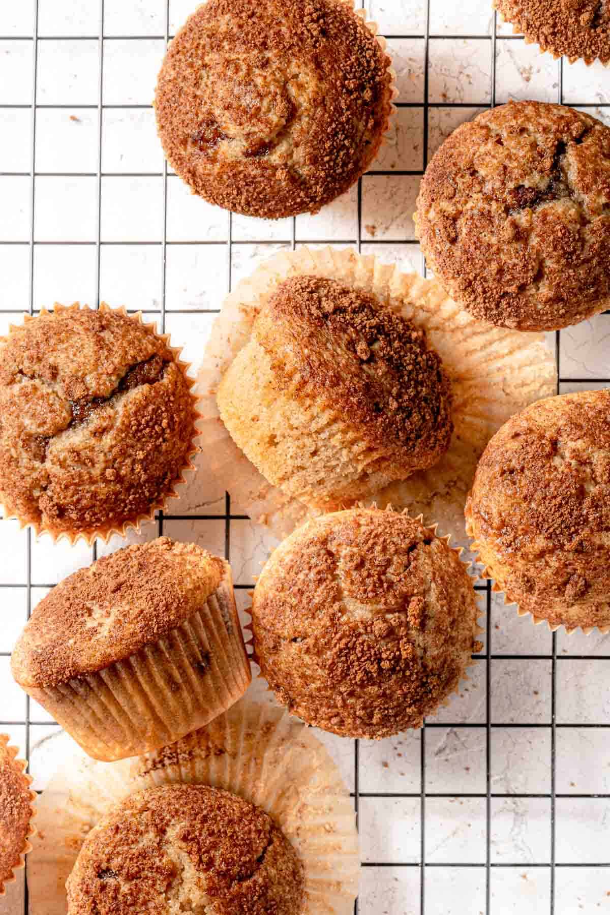 cinnamon muffins on cooling rack.