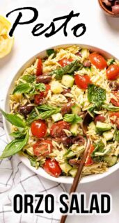 bowl of orzo salad garnished with basil and recipe title at top and bottom.