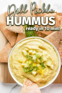 bowl of hummus with hand dipping pita into it and recipe title at top.