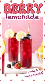 two glasses of berry lemonade garnished with fruit with recipe title at the top.