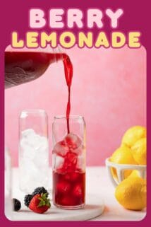 jug of fruit lemonade being poured into a glass over ice with recipe title at the top.