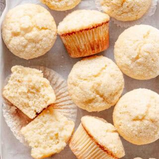 group of buttermilk muffins on white background.