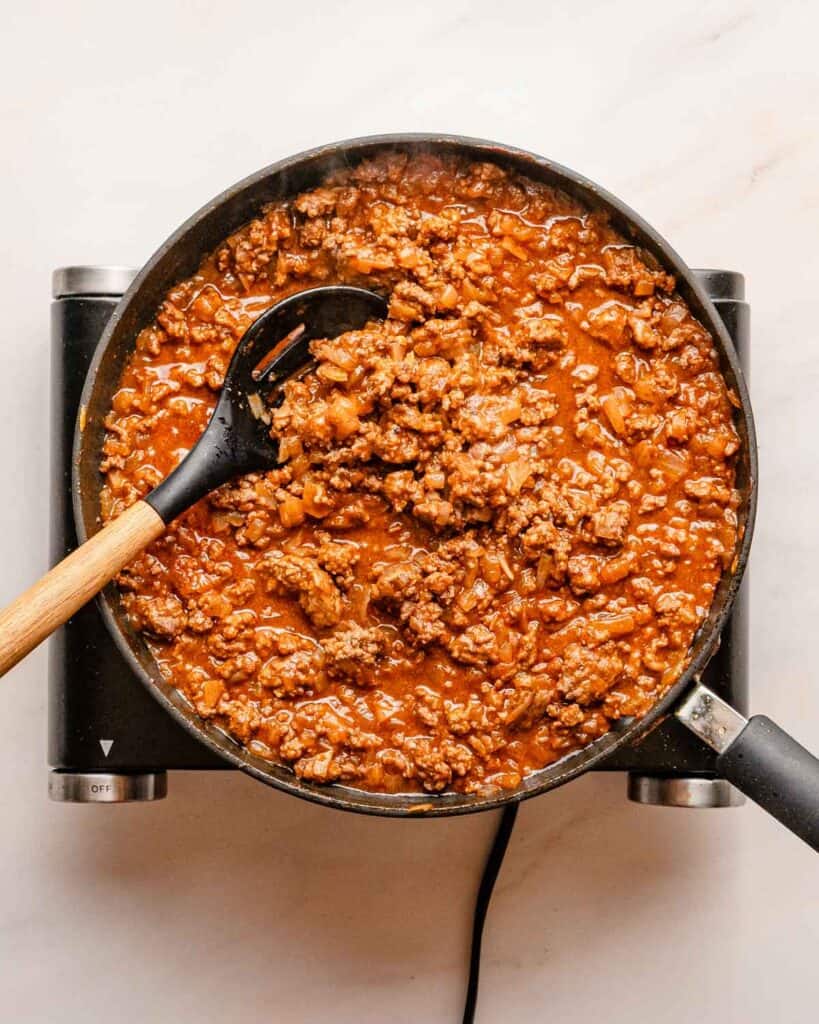 thicker sloppy joe mixture in a skillet after cooking.