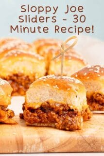 sloppy joe sliders on wooden cutting board with recipe title at the top.