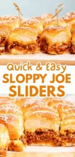 collage of sloppy joe sliders with cocktail picks and in a row with recipe title in the center.