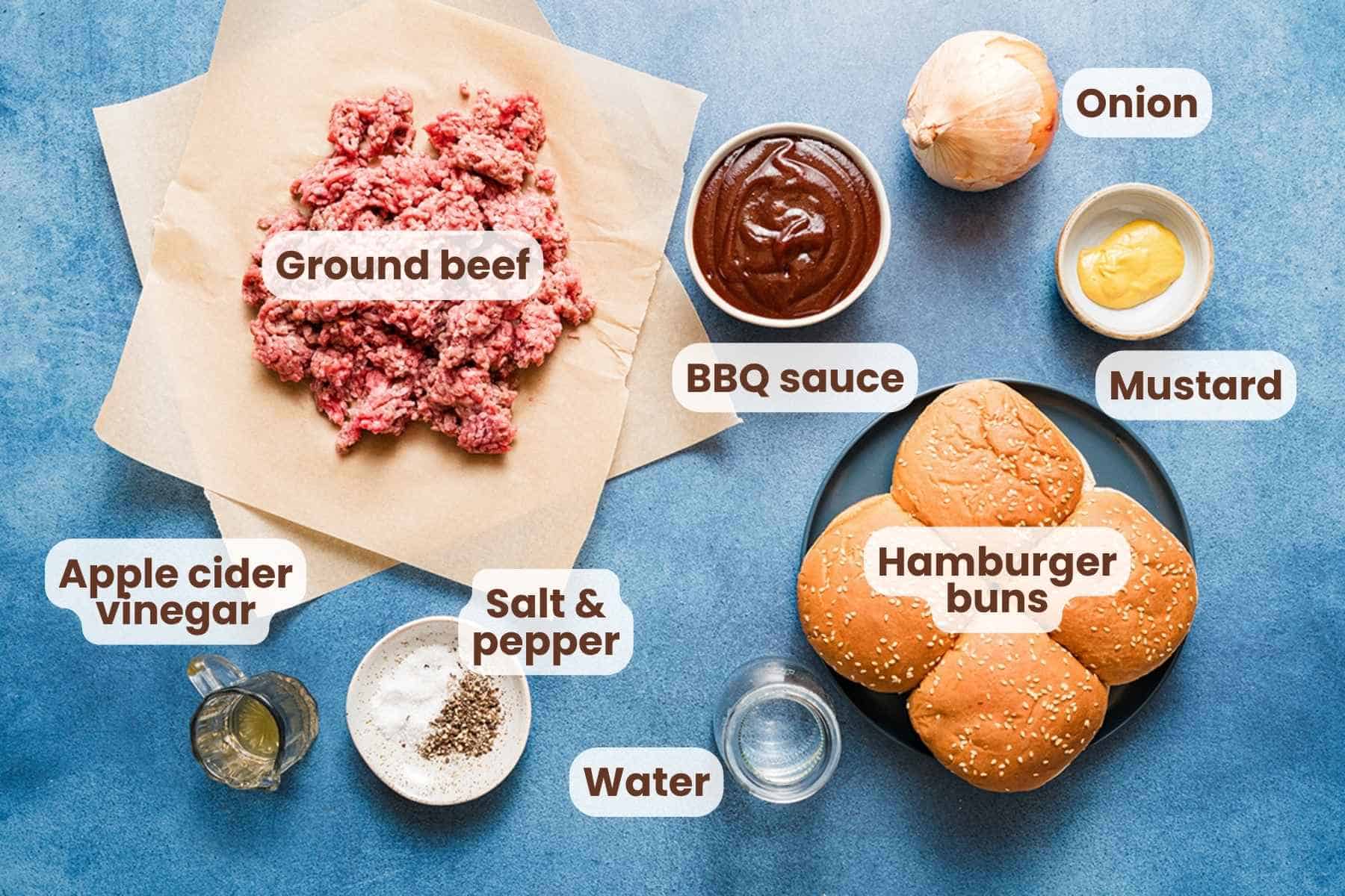 ingredients for sloppy Joes recipe on blue board with text labels.