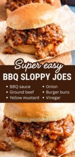 collage of sloppy joe sandwiches on a cutting board with recipe ingredients in the center.