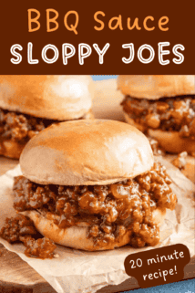 three sloppy Joe sandwiches on a wooden board with recipe title at the top.